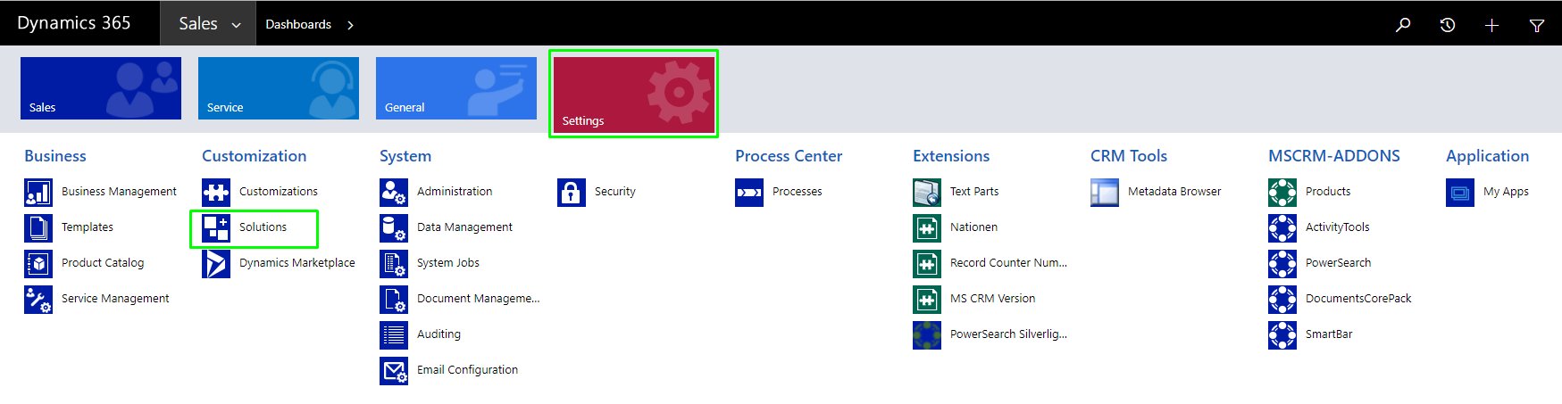 Solutions in Dynamics 365 Settings.