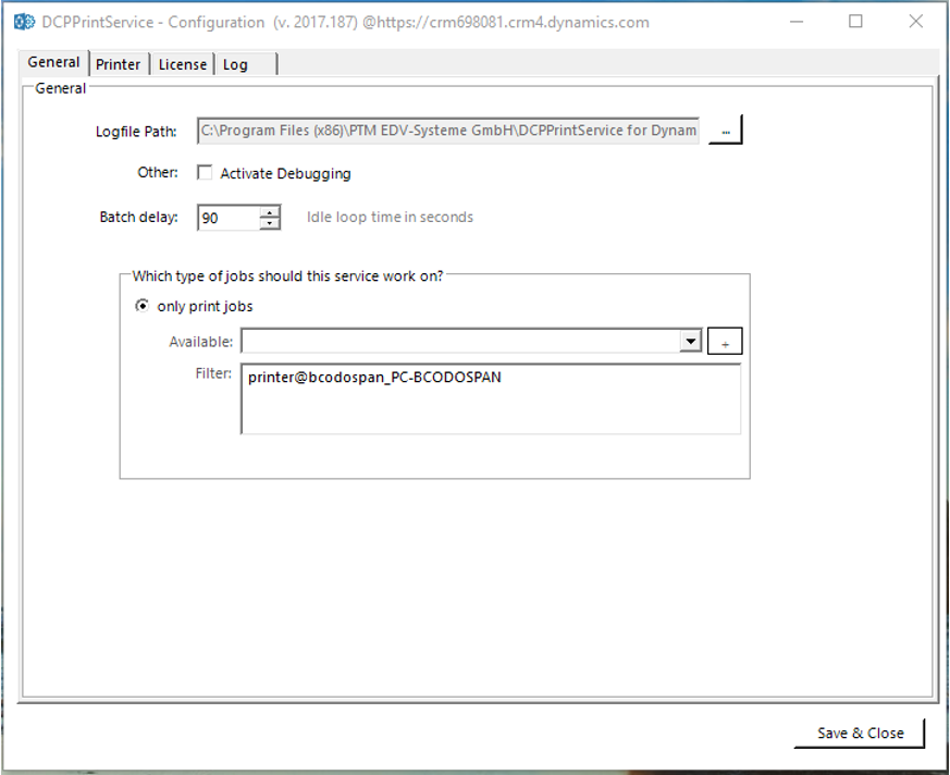 The saved printer configuration in the General-tab.