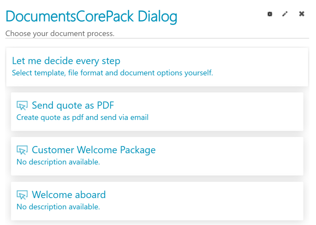 The DocumentsCorePack Dialog with a list of OCAs