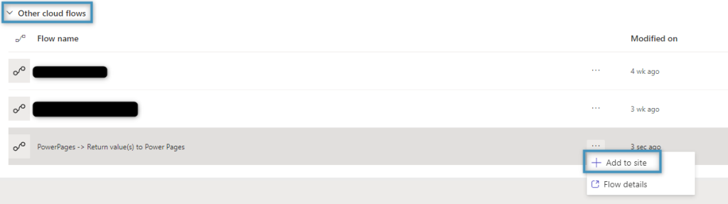 Adding the flow to our Power Pages website under Other cloud flows