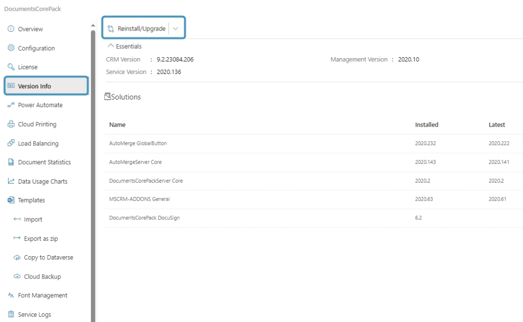 The Version Info tab
