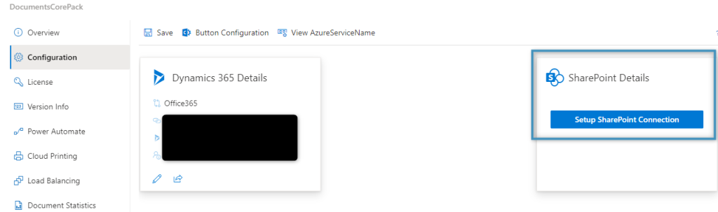 The Configuration tab. The SharePoint connection can be configured on the right, as highlighted.