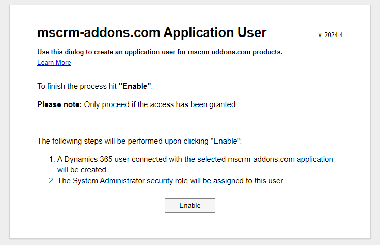 Enabling the application user
