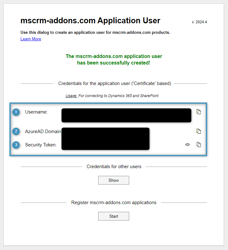 The application user page, now displaying credentials.