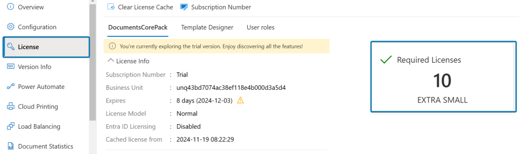The license view in a trial state, where the required number of licenses is displayed