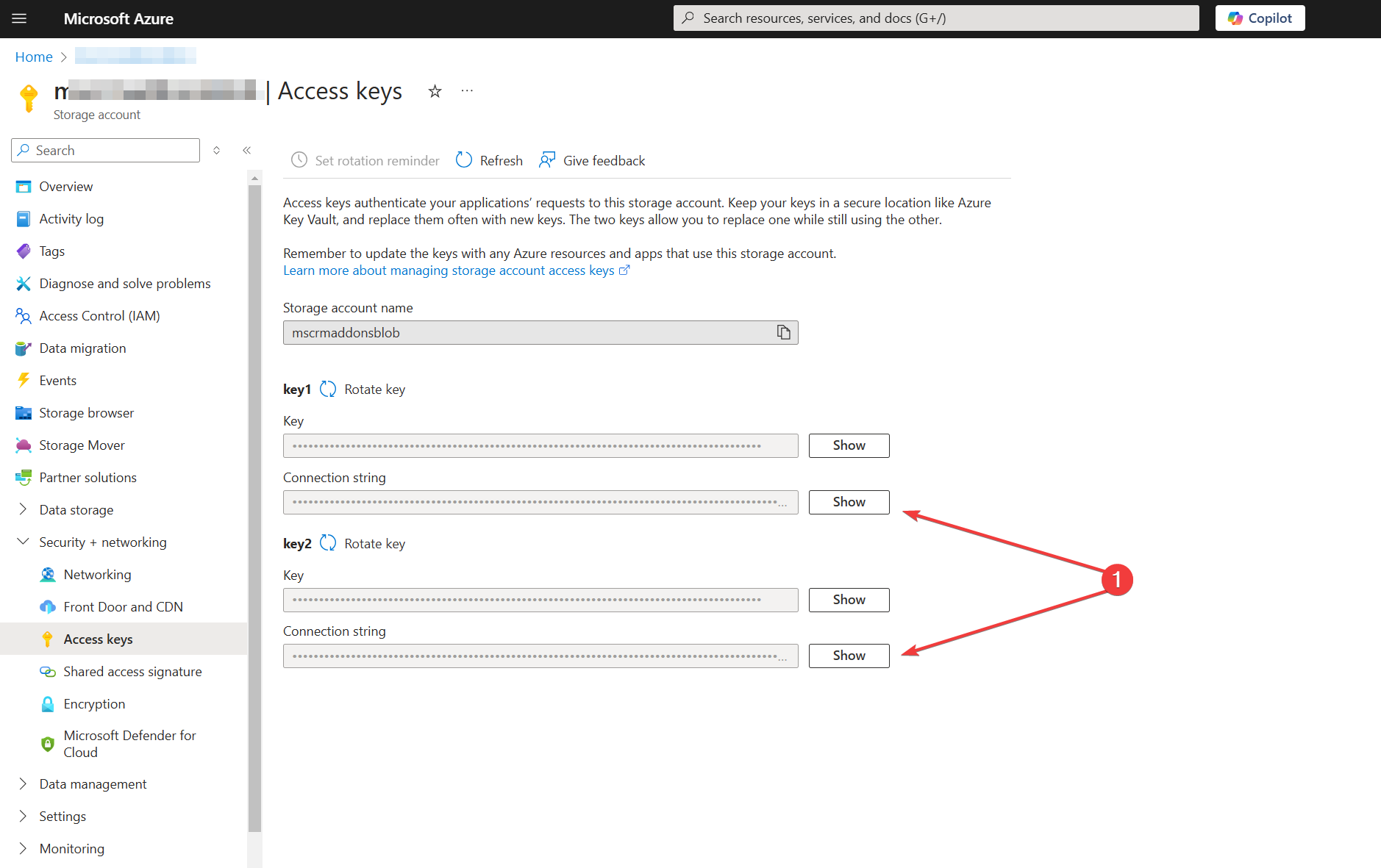 Access keys for Storage Accounts on Azure
