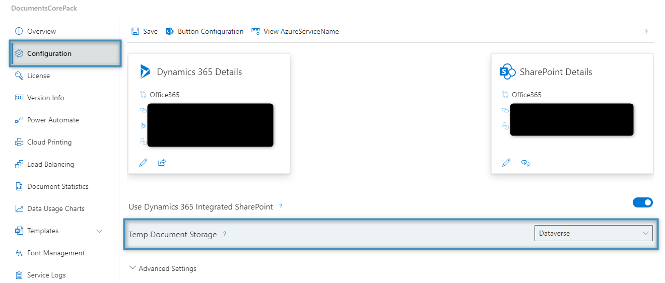 The Temp Document Storage dropdown under the Configuration tab