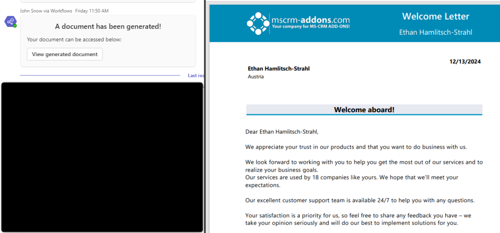 The adaptive card as posted in Teams (left) and the generated document (right)