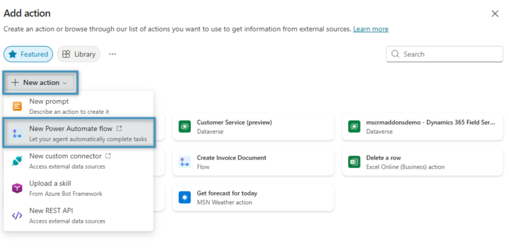 Adding a new power automate flow action