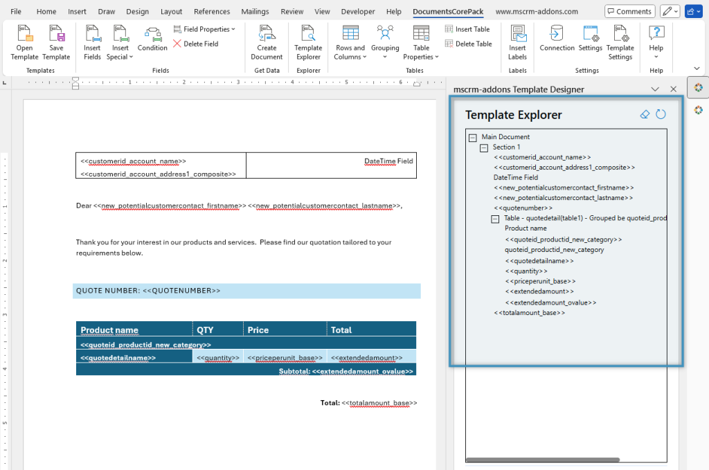 The Template Explorer highlighted on the right side