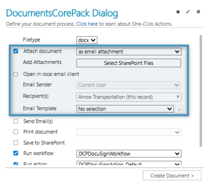 "Attach document" and its associated settings