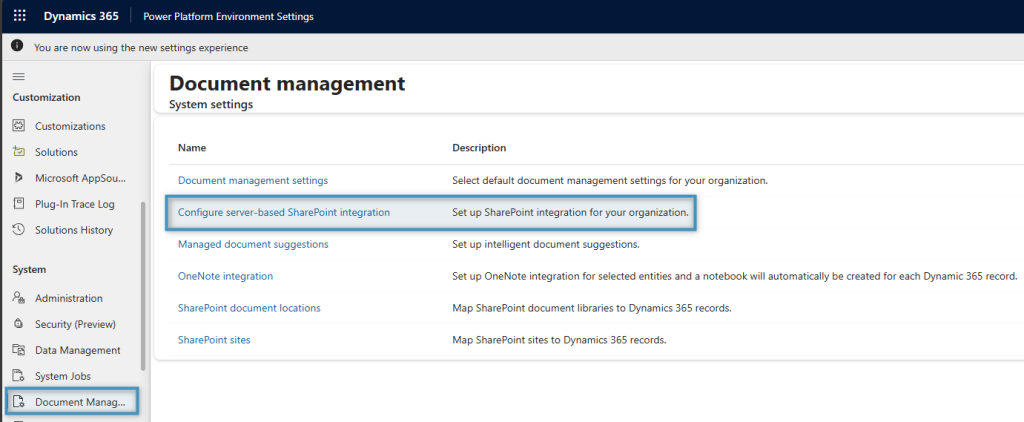 Access the Document Management in Dynamics 365