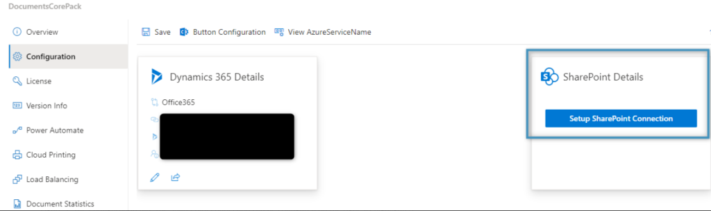 The Configuration tab with the Setup SharePoint Details highlighted.