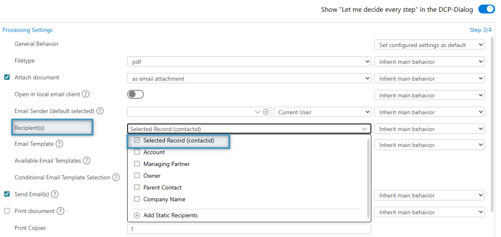 Selecting a regular dynamic recipient (Primary Contact)