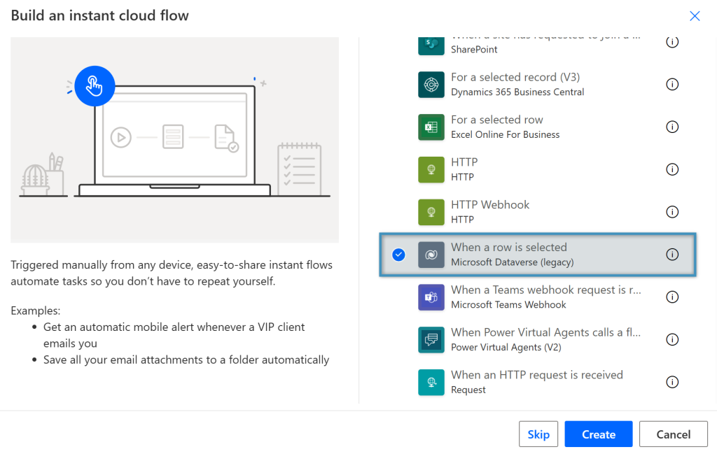 Create an instant cloud flow and select a trigger