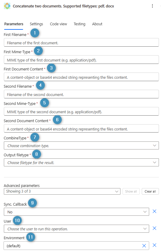 Concatenate two documents. Supported filetypes: pdf, docx