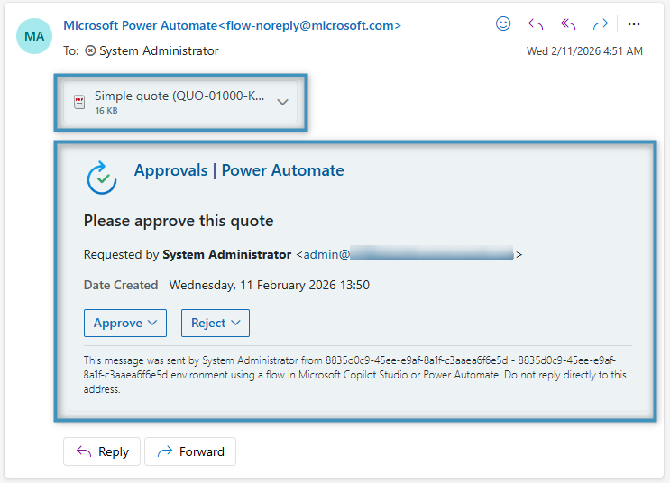 The full email, showing the approval and its attachment