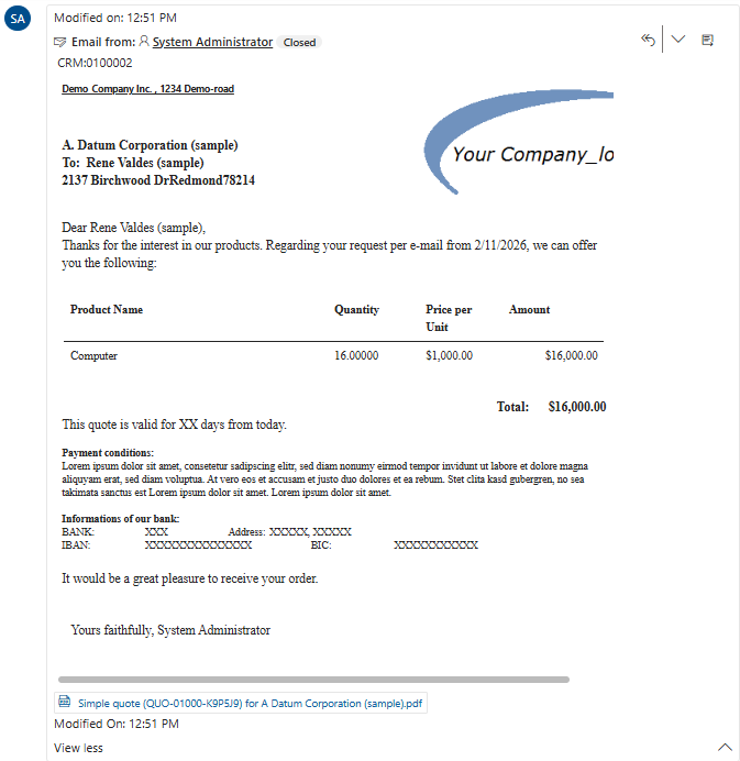 The final email sent to the customer