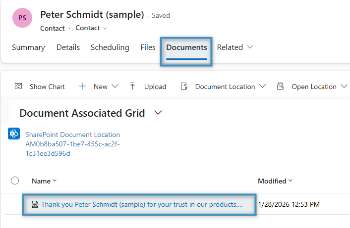 The generated document saved to SharePoint