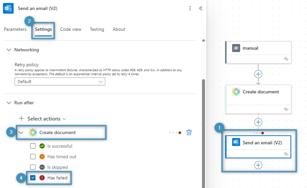 Our flow, now with an additional “Send an email” action. The “run after” setting will trigger this action if an error occurs within the “Create document” action.