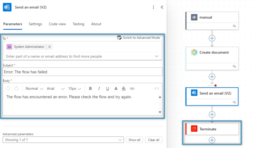 On the left, our email to be sent to a specified user. On the right, the “Terminate” action has been added to our flow.
