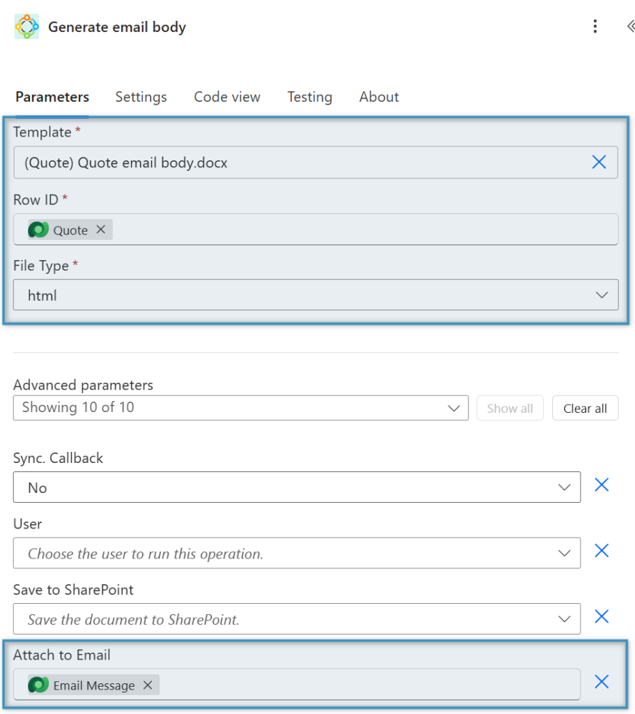Generating the email body with another ‘Create document’ action 