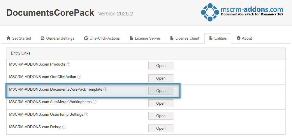 Selecting a DocumentsCorePack Entity