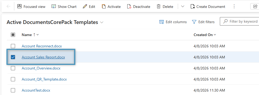 Selecting a record from the DCP Templates entity