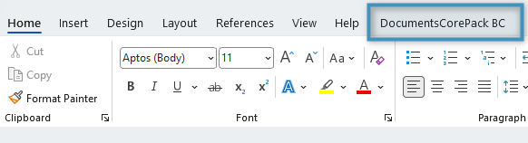 The DocumentsCorePack Layout Designer for Business Central in our Word ribbon