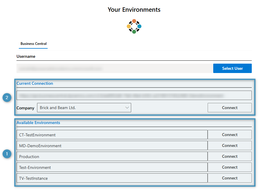 Selecting our environment and company. The environment must be selected first.