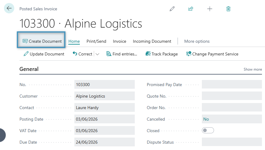 A record view with the Create Document button highlighted