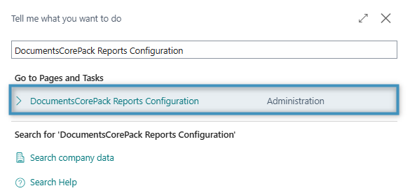 Selecting the DocumentsCorePack Reports Configuration page from the search bar