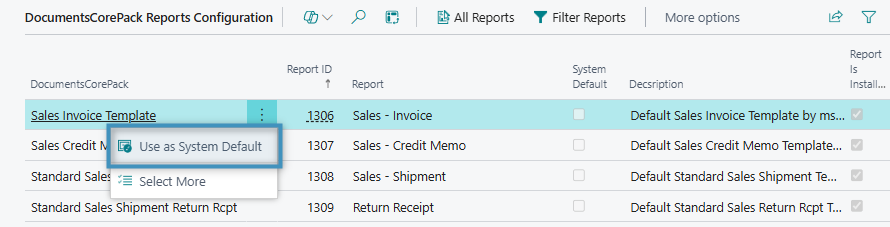 Setting the Sales Invoice Template as the system default report