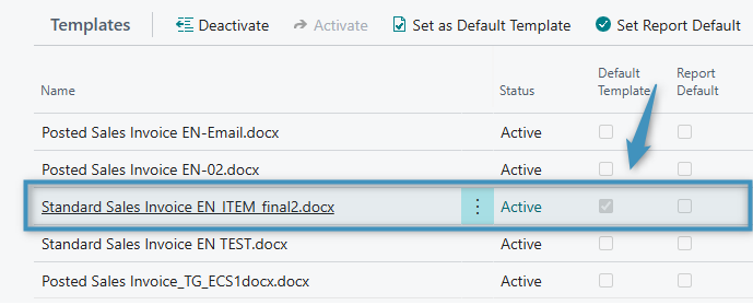 Selecting a template to be the default template for the DCP Dialog