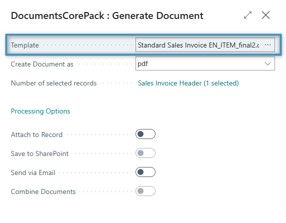 The selected template, now chosen by default