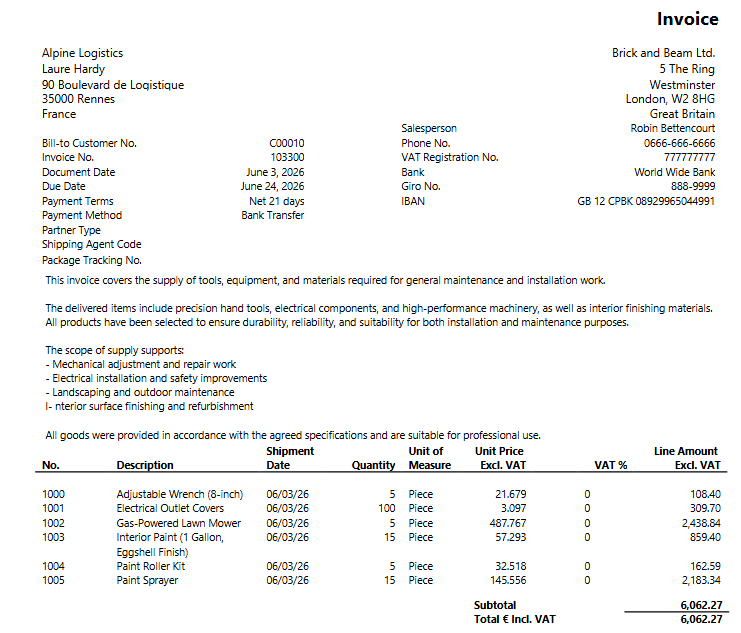 The generated report, based on the chosen report layout