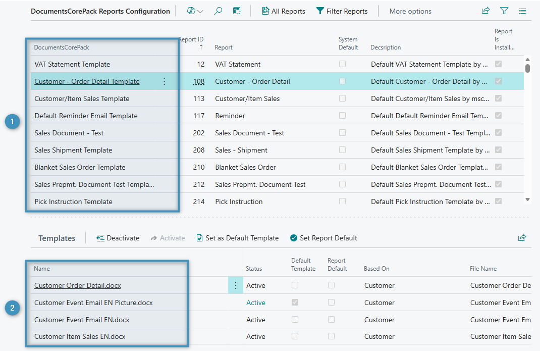 A list of DocumentsCorePack reports. A list of templates associated with each report is shown as well.