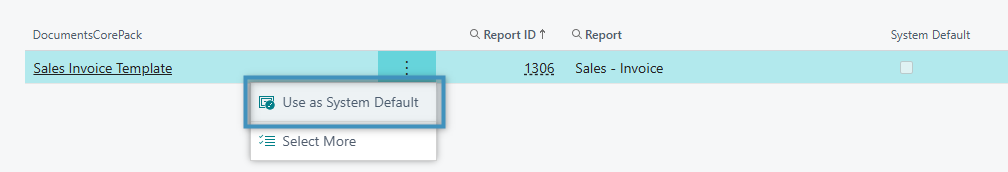 Selecting the DocumentsCorePack report to be used as the system default