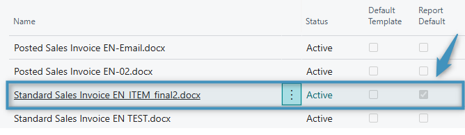 The template, now marked as the report default